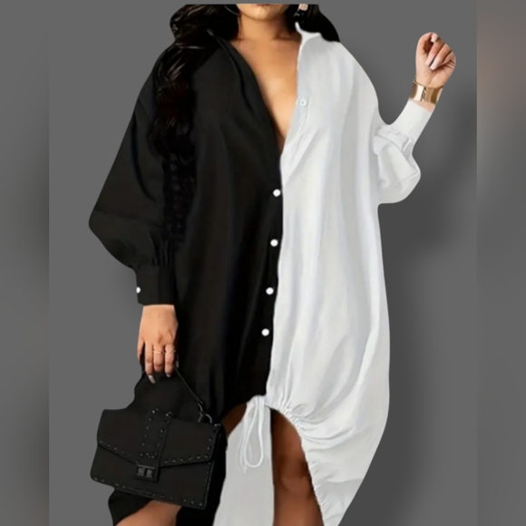 🛑BOGO FREE 🆕Chic Collared Drawstring Hem Shirt Dress - Picture 9 of 10